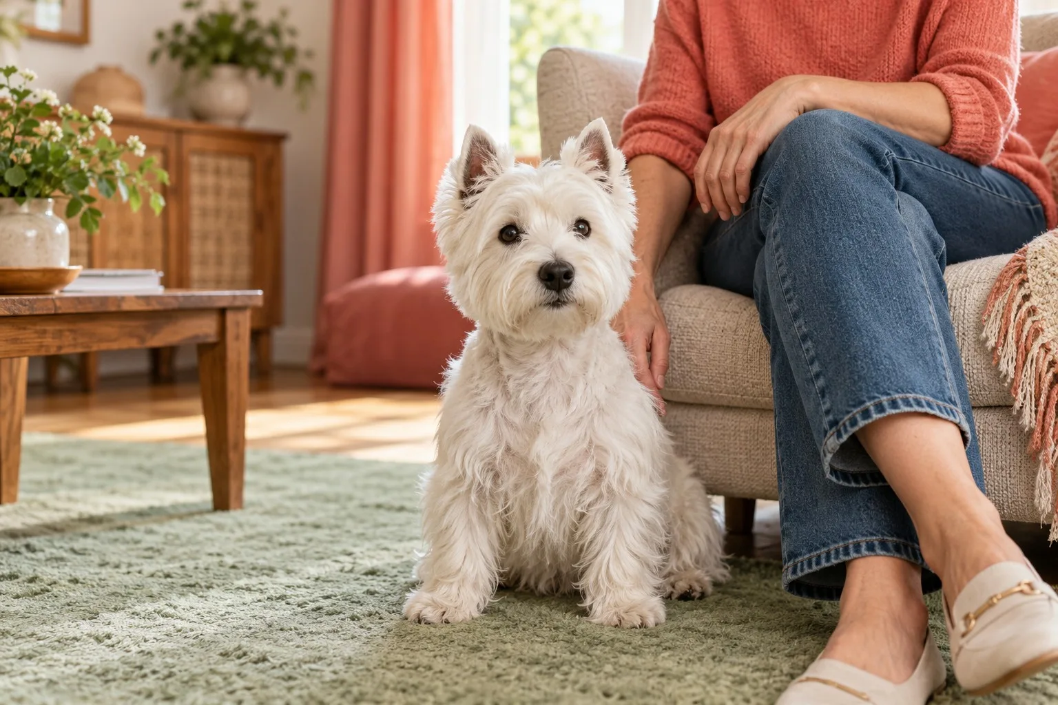 Small white dog relaxing beside an owner on a sofa